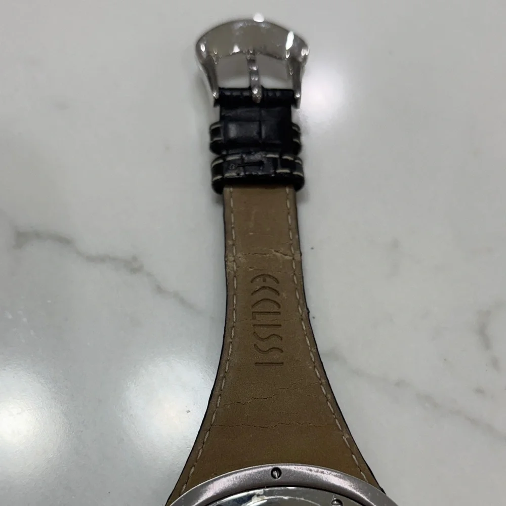 Black Leather Strap Women's Oval Silver-Tone Watch